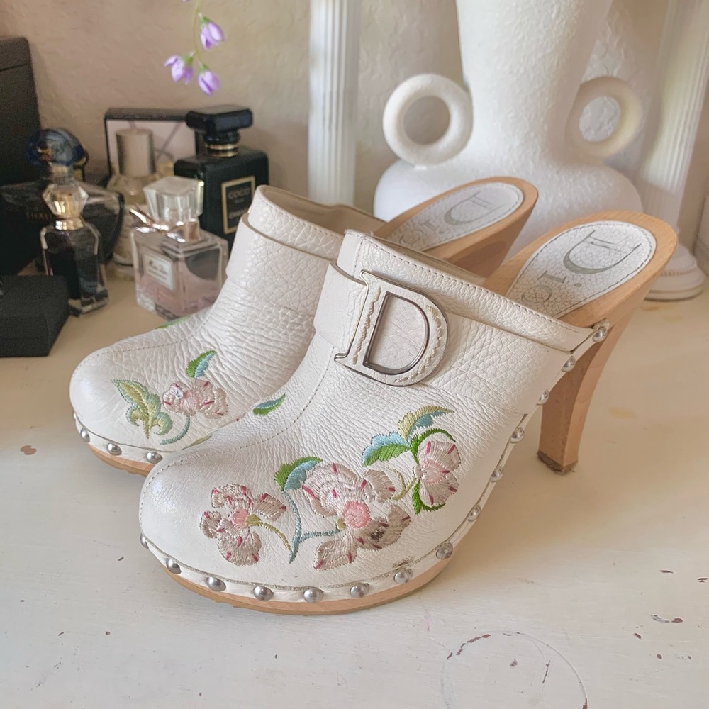 Dior by John Galliano White Floral Leather Platform Mule Heels